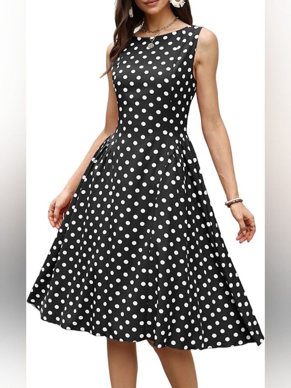 Women’s Black Polka Dot Midi Dress – Sleeveless Vintage A-Line L NWT